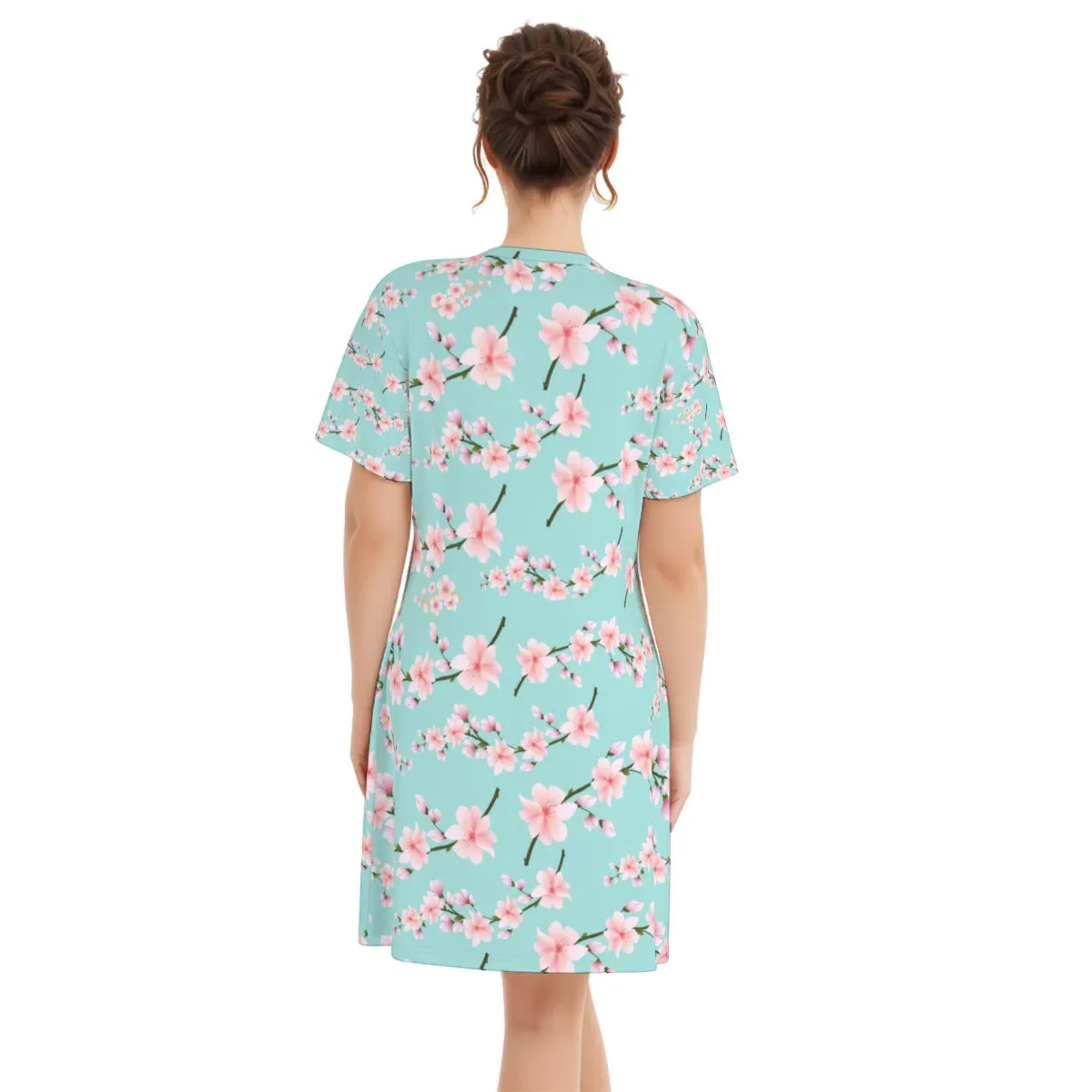 Japanese Pink Flowers Blue Women's V Neck Dress|180GSM Cotton up to 3 XL