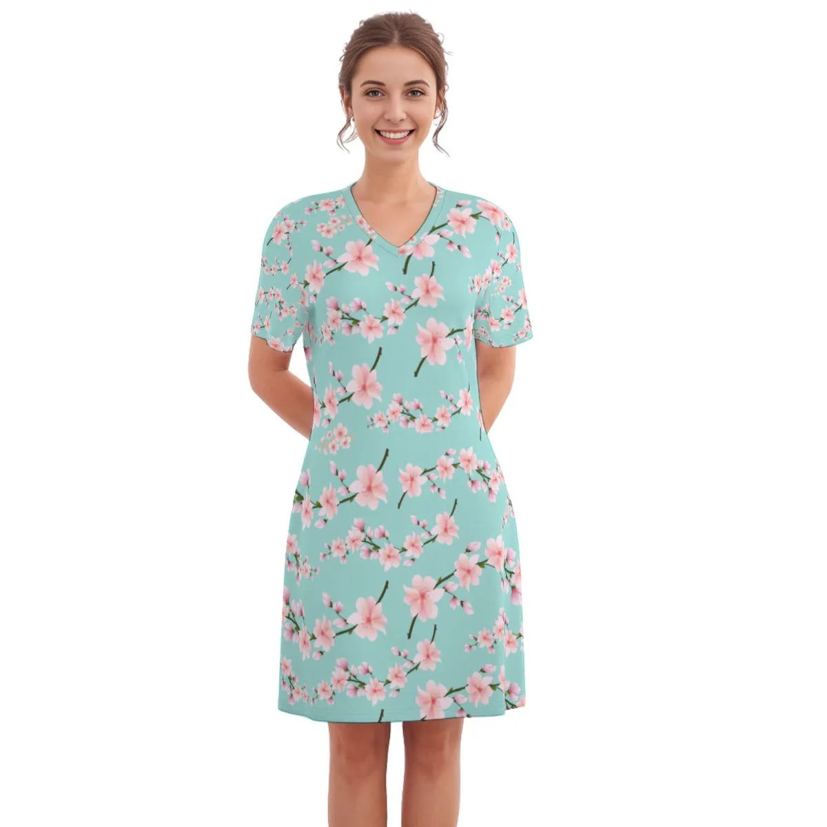 Japanese Pink Flowers Blue Women's V Neck Dress|180GSM Cotton up to 3 XL