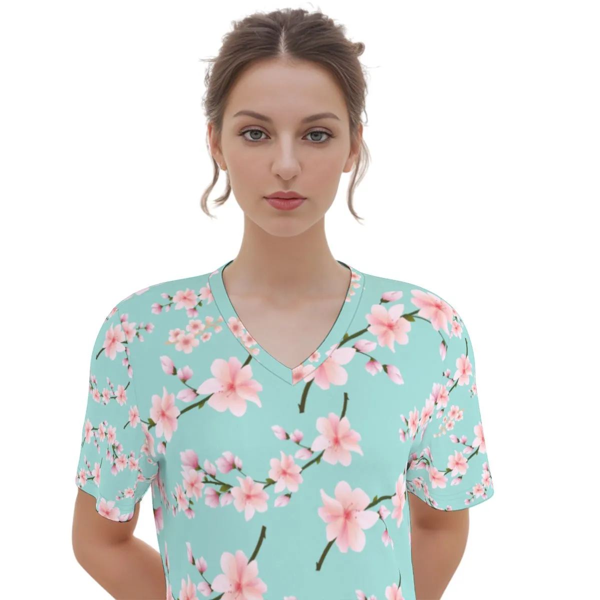 Japanese Pink Flowers Blue Women's V Neck Dress|180GSM Cotton up to 3 XL