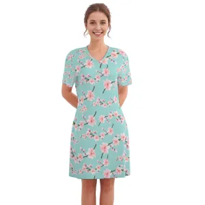 Japanese Pink Flowers Blue Women's V Neck Dress|180GSM Cotton up to 3 XL