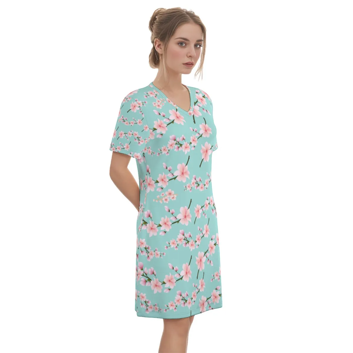 Japanese Pink Flowers Blue Women's V Neck Dress|180GSM Cotton up to 3 XL