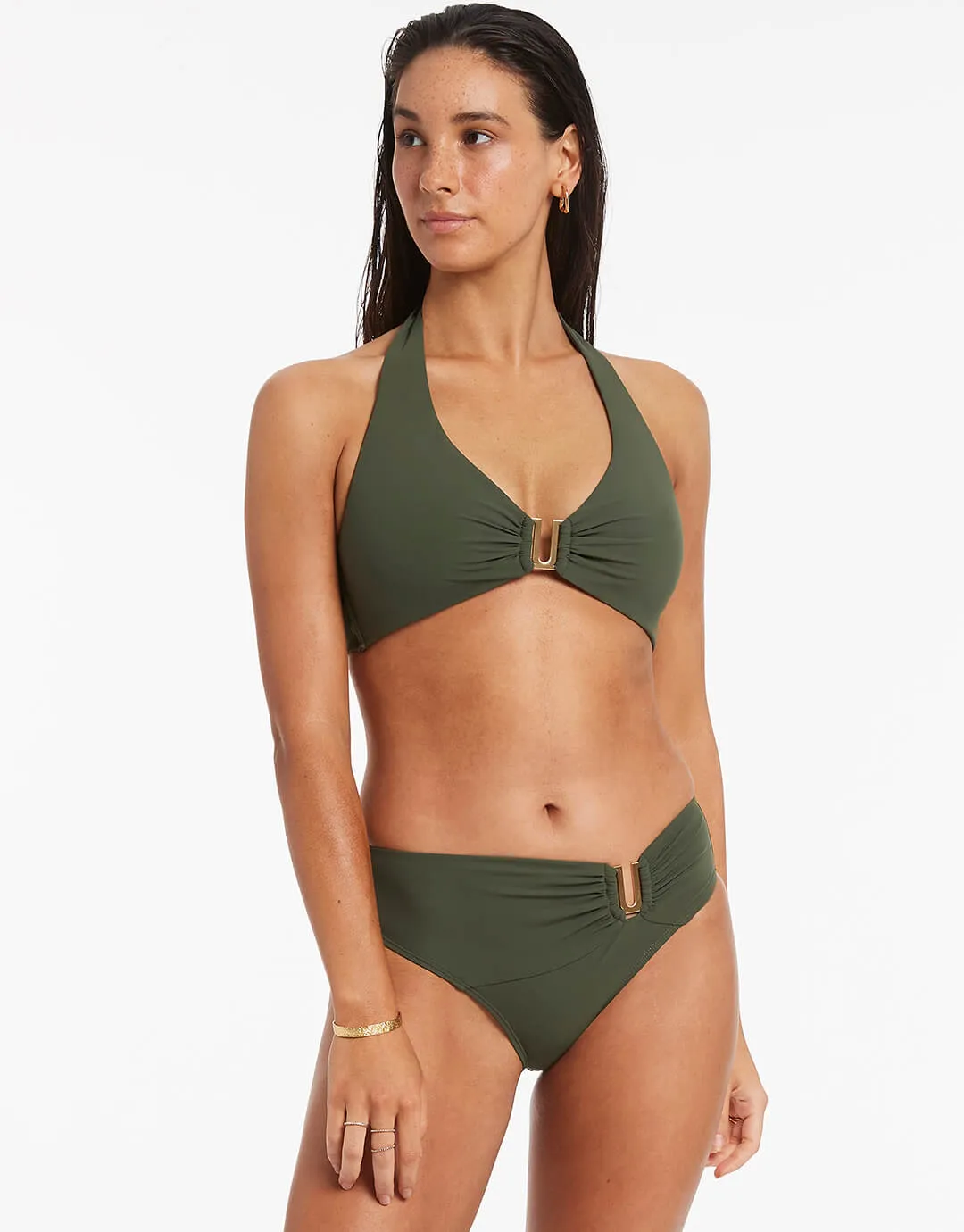 Jetset D DD U Trim Halter Bikini Top - Olive