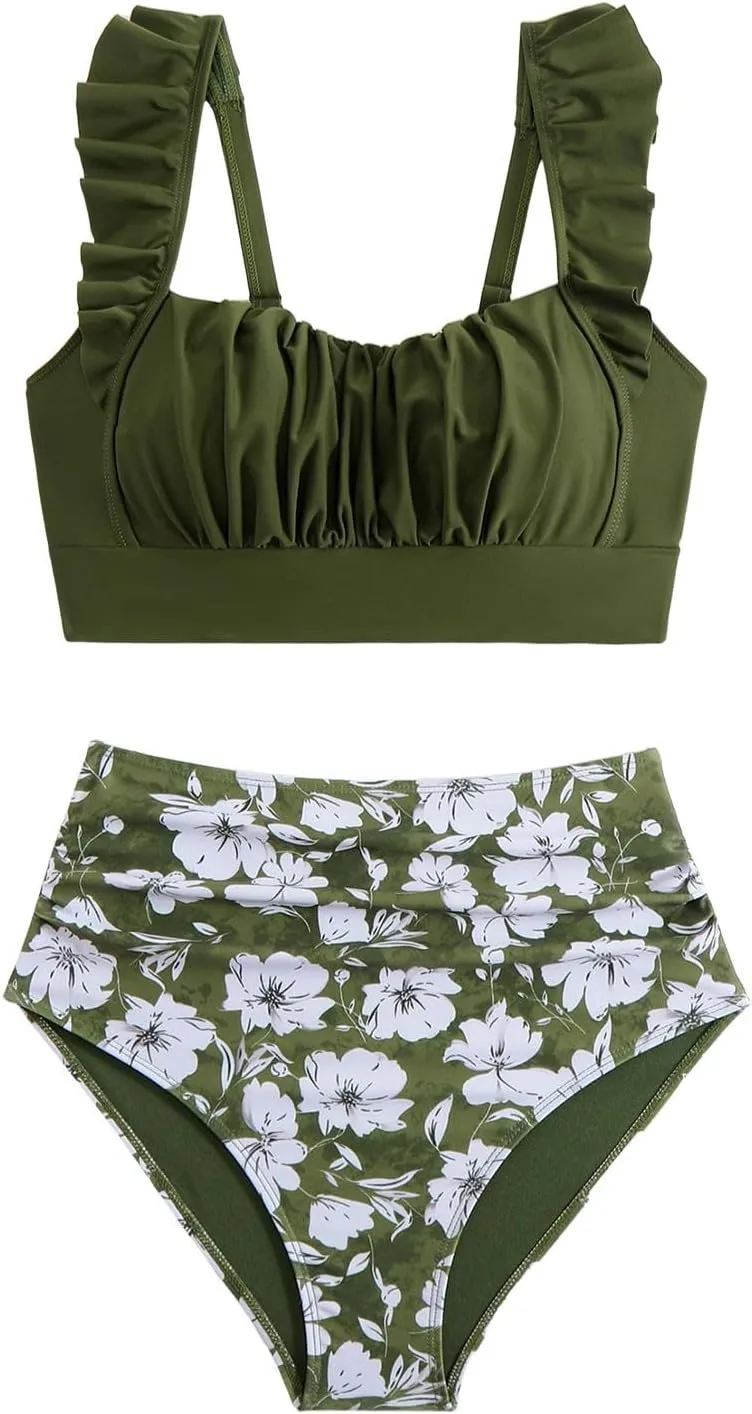 JJHAEVDY Bikini Sets for Women Tummy Control High Waisted Swimsuits Solid Two Piece Bathing Suits Modest Summer Bathing Suit