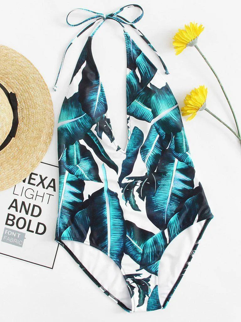 Jungle Leaf Print Plunge Halter Neck Swimsuit