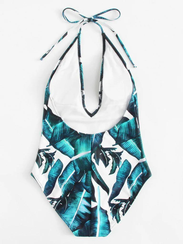 Jungle Leaf Print Plunge Halter Neck Swimsuit