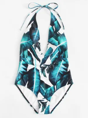 Jungle Leaf Print Plunge Halter Neck Swimsuit