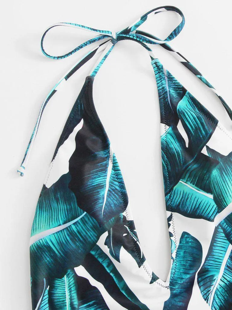 Jungle Leaf Print Plunge Halter Neck Swimsuit
