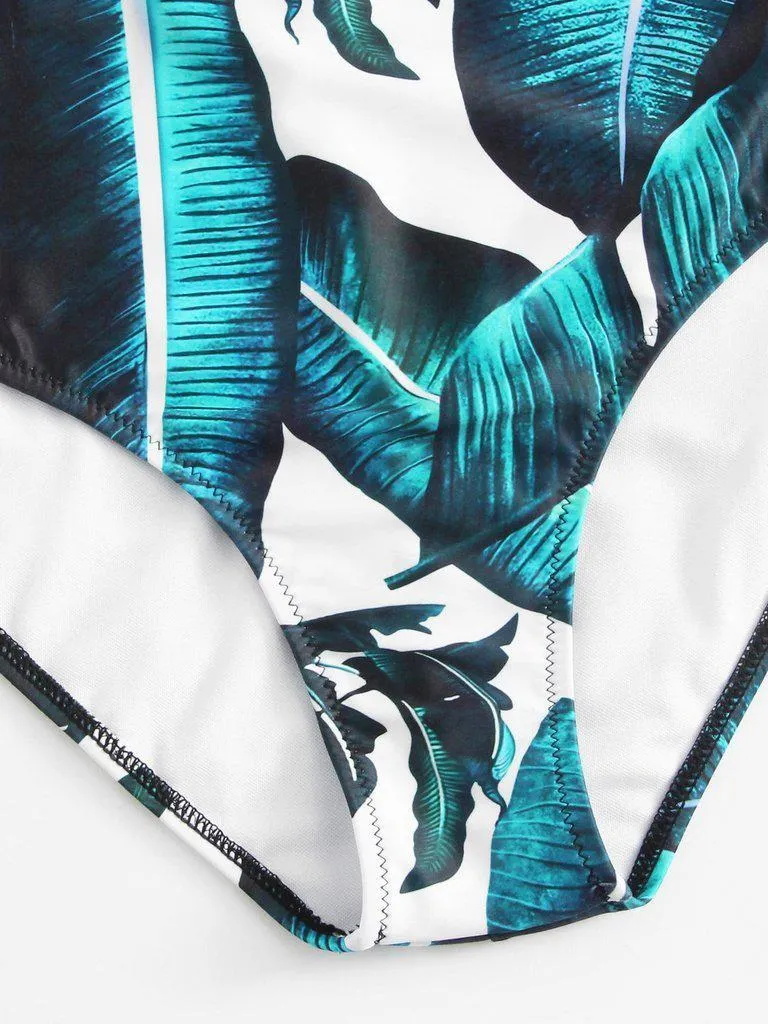 Jungle Leaf Print Plunge Halter Neck Swimsuit