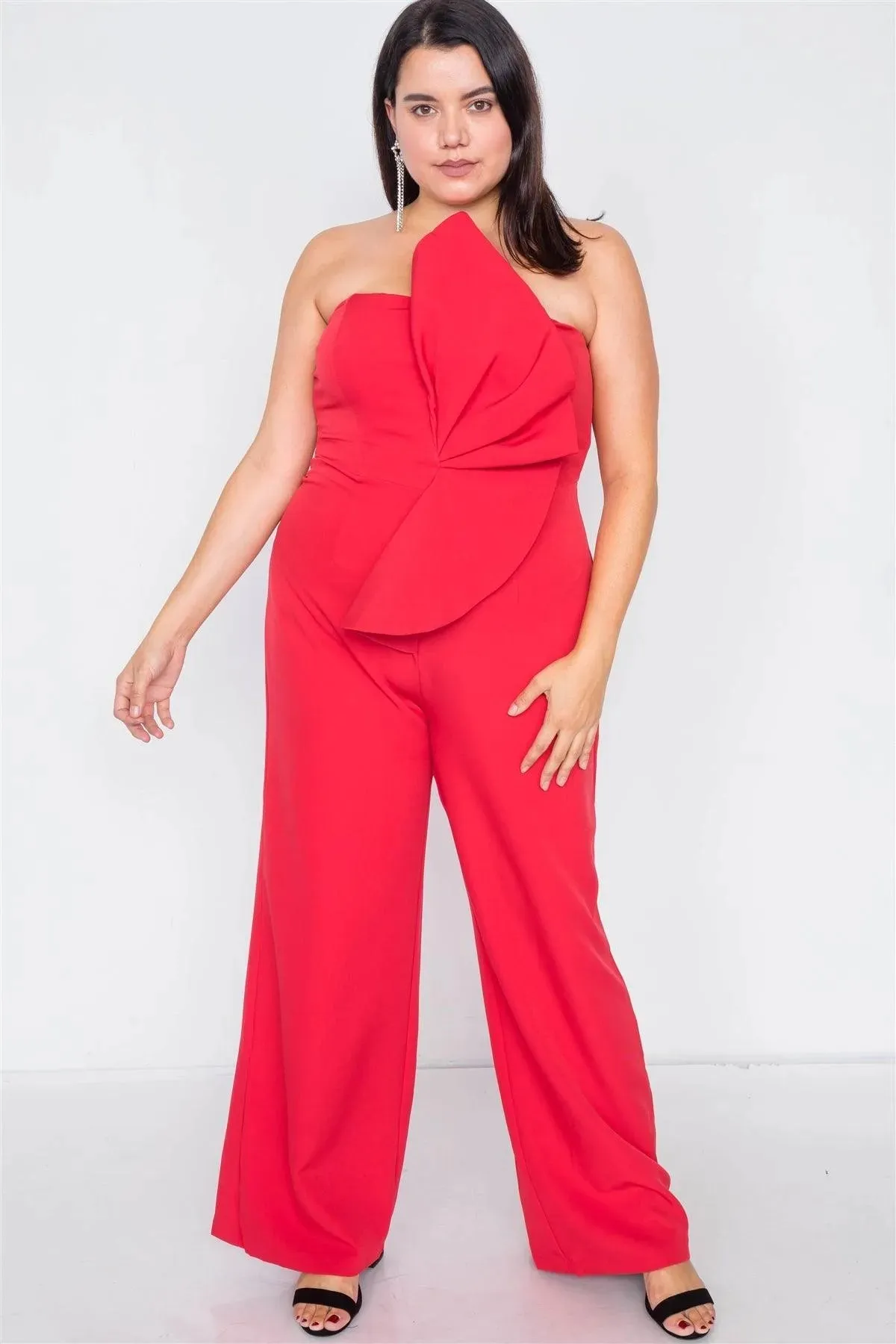 Junior Plus Size Red Tailored Frill Wide Leg Sleeveless Cocktail Jumpsuit /3-2-1