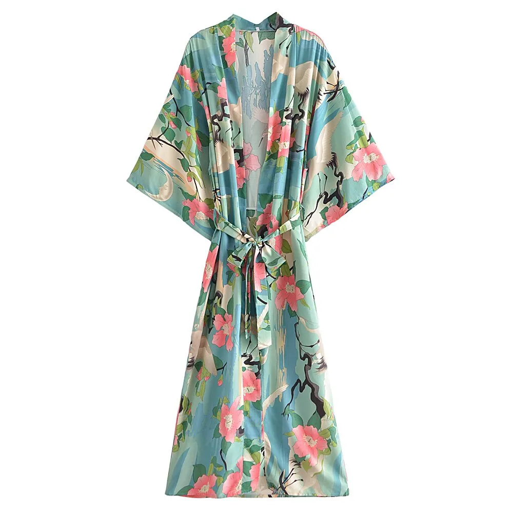 Juniper Crane & Floral Print Bohemian Kimono Robe