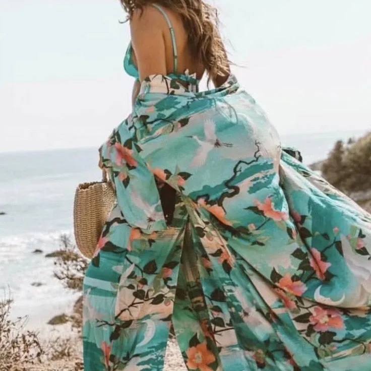 Juniper Crane & Floral Print Bohemian Kimono Robe