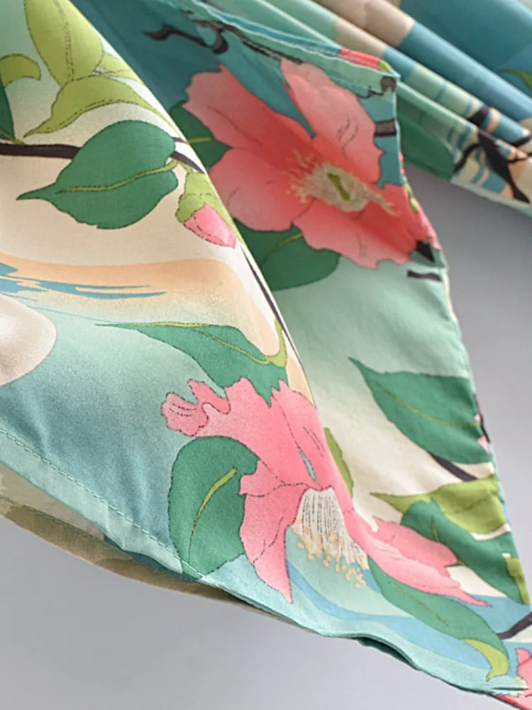 Juniper Crane & Floral Print Bohemian Kimono Robe