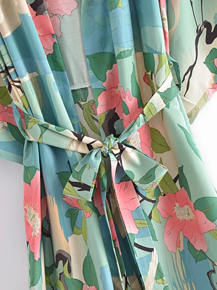 Juniper Crane & Floral Print Bohemian Kimono Robe