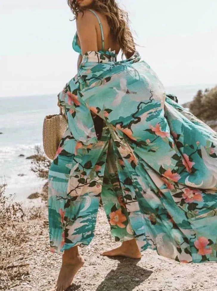 Juniper Crane & Floral Print Bohemian Kimono Robe