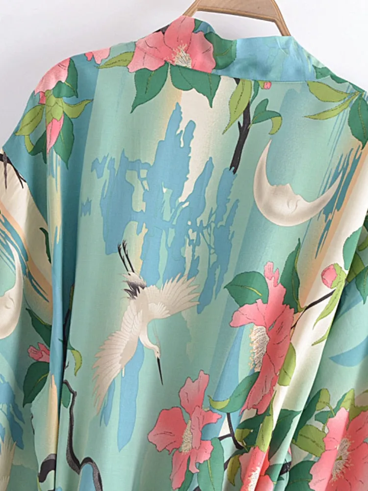 Juniper Crane & Floral Print Bohemian Kimono Robe