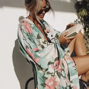 Juniper Crane & Floral Print Bohemian Kimono Robe