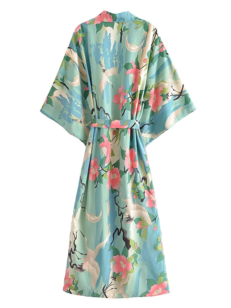 Juniper Crane & Floral Print Bohemian Kimono Robe