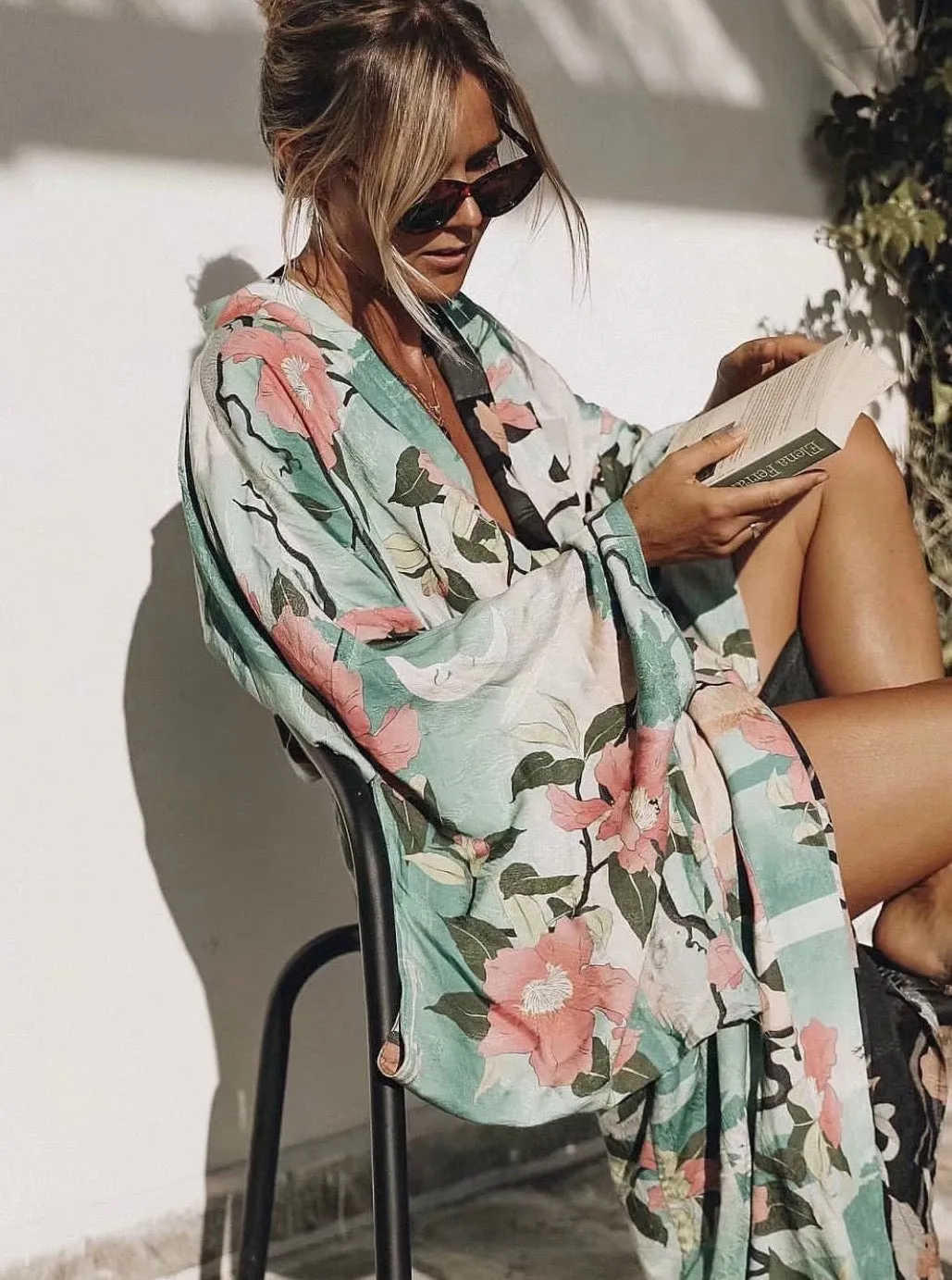 Juniper Crane & Floral Print Bohemian Kimono Robe