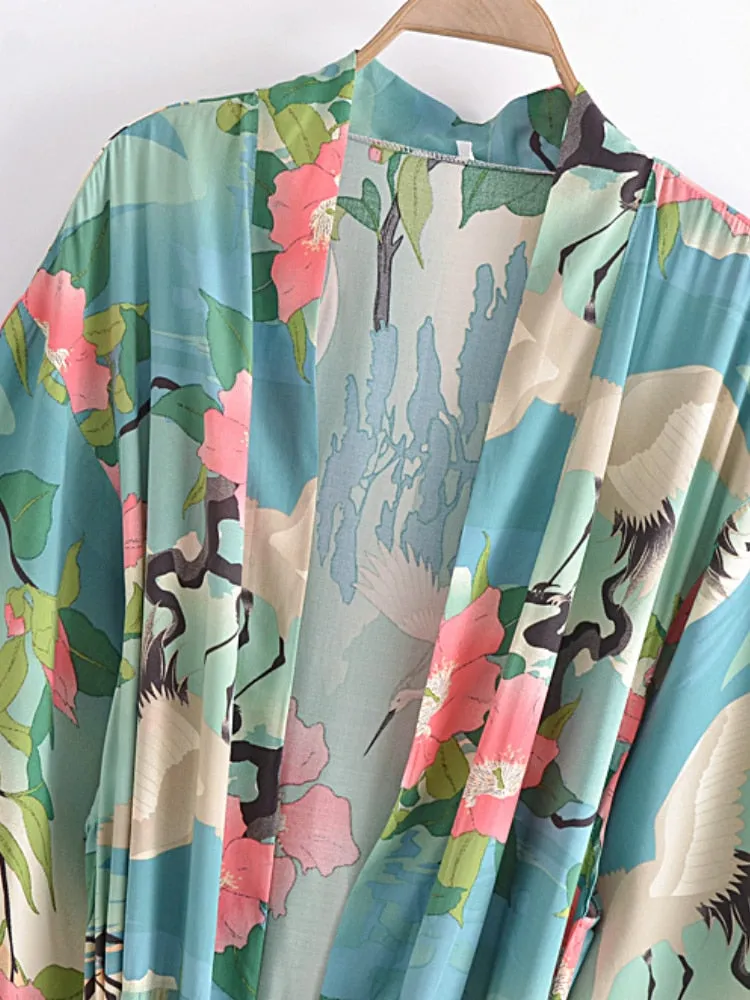 Juniper Crane & Floral Print Bohemian Kimono Robe