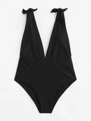 Knot Shoulder Plunging Neck Swimsuit