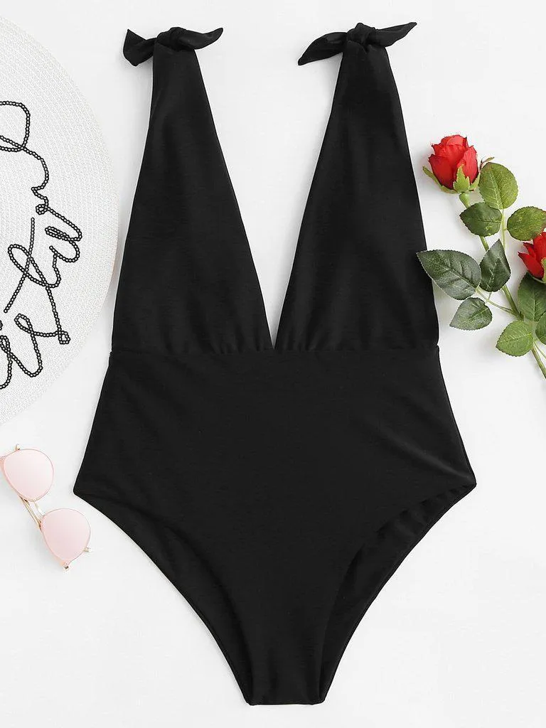 Knot Shoulder Plunging Neck Swimsuit