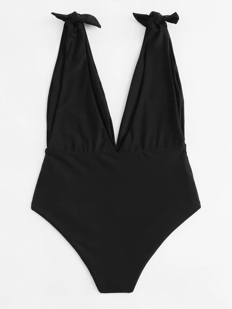 Knot Shoulder Plunging Neck Swimsuit