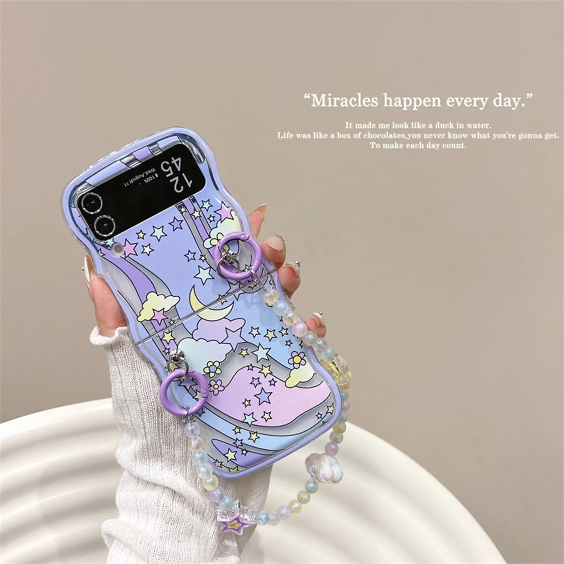 Korean Cute Star Moon Cloud Flower Beards Chain Samsung Galaxy Z Flip 3 4 5G Case