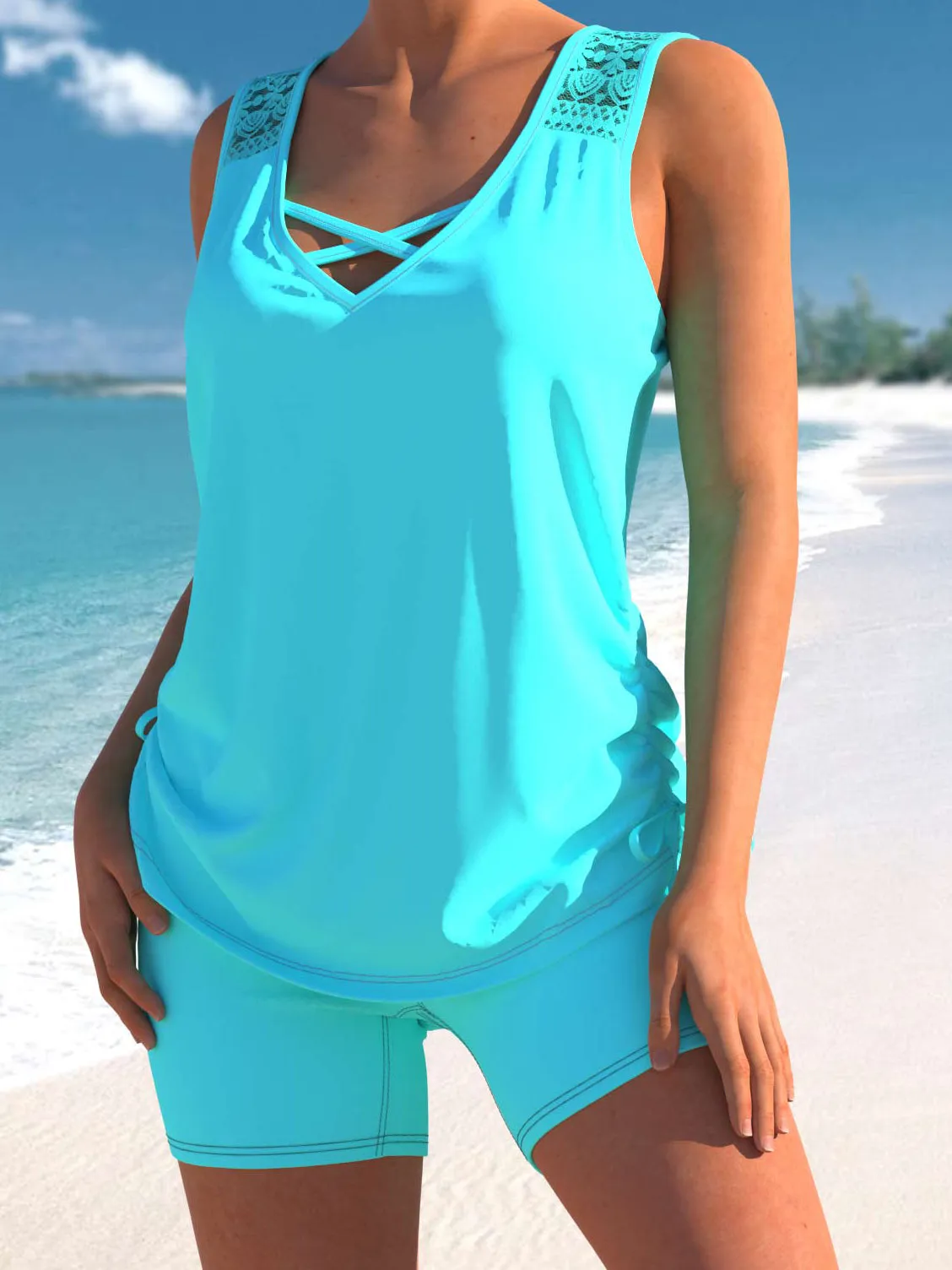 Lace Patchwork Cross Strap Tankini Set
