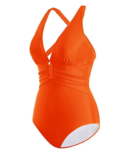 Lace Up One Piece Swimsuits Deep V Neck Keyhole Bathing Suits-Neon Orange