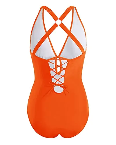 Lace Up One Piece Swimsuits Deep V Neck Keyhole Bathing Suits-Neon Orange