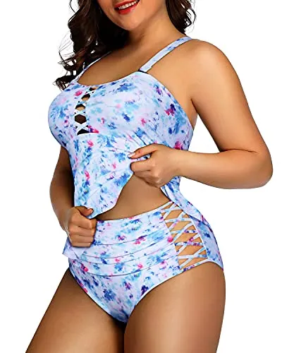 Lace Up Peplum Tankini Tops High Waisted Swimwear For Women-Blue Tie Dye