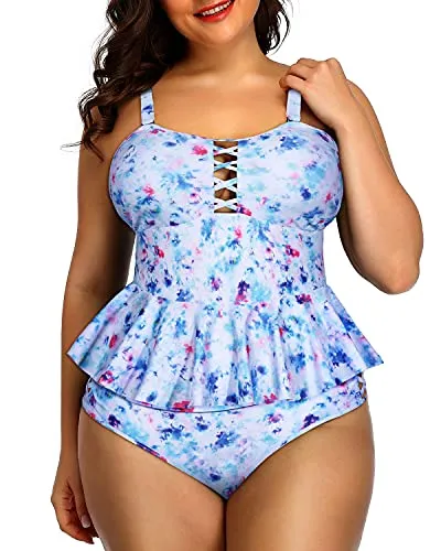 Lace Up Peplum Tankini Tops High Waisted Swimwear For Women-Blue Tie Dye