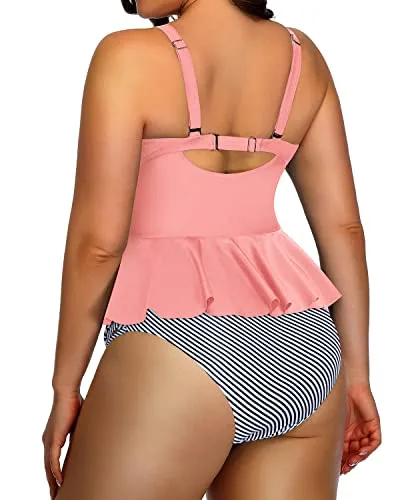 Lace Up Plus Size Swimsuits For Women Tummy Control Two Piece Bathing Suits-Coral Pink Stripe