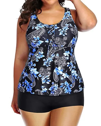 Lace Up Plus Size Two Piece Tankini Swimsuits For Women With High Waisted Boyshorts-Black Floral
