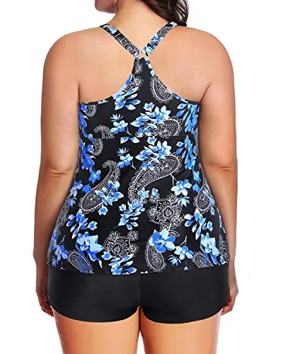 Lace Up Plus Size Two Piece Tankini Swimsuits For Women With High Waisted Boyshorts-Black Floral