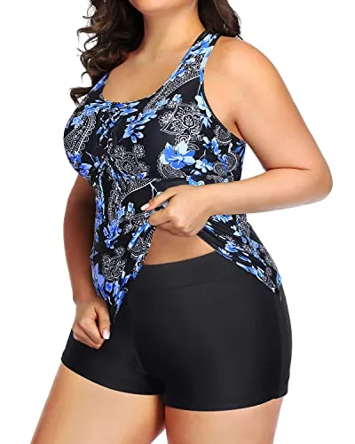 Lace Up Plus Size Two Piece Tankini Swimsuits For Women With High Waisted Boyshorts-Black Floral