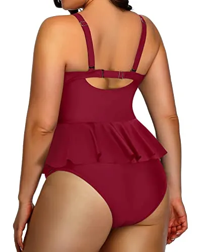 Lace Up Two Piece Bathing Suits For Women Tummy Control-Red