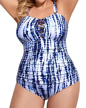 Ladies Deep V Neck Tummy Control Plus Size One Piece Swimsuits-Blue Tie Dye