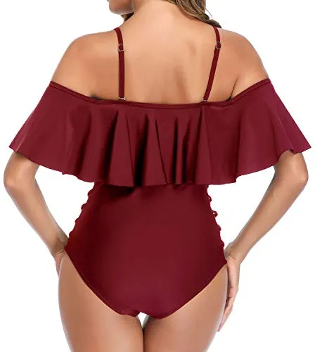 Ladies Hollow Out Tummy Control One Piece Bathing Suits-Maroon