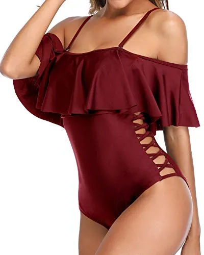 Ladies Hollow Out Tummy Control One Piece Bathing Suits-Maroon