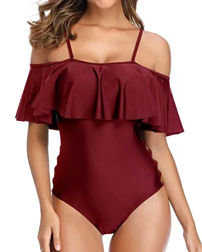 Ladies Hollow Out Tummy Control One Piece Bathing Suits-Maroon