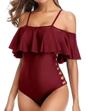 Ladies Hollow Out Tummy Control One Piece Bathing Suits-Maroon