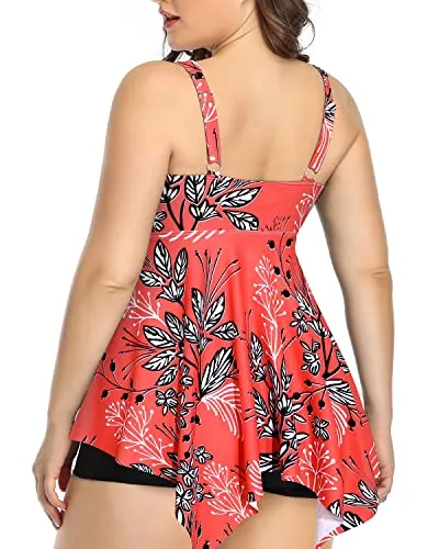 Ladies Plus Size Tankini Swimsuits For Women With Shorts-Red Floral