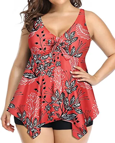 Ladies Plus Size Tankini Swimsuits For Women With Shorts-Red Floral