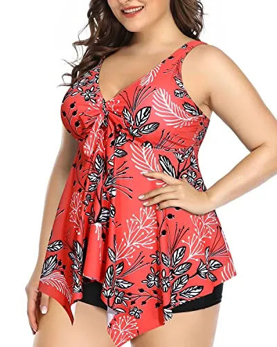 Ladies Plus Size Tankini Swimsuits For Women With Shorts-Red Floral