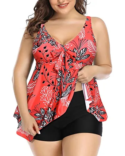 Ladies Plus Size Tankini Swimsuits For Women With Shorts-Red Floral