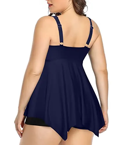 Ladies Plus Size Tankini With Tummy Control Swimwear-Navy Blue