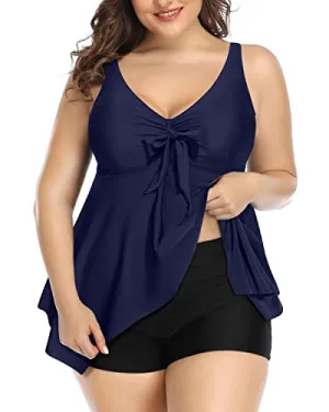 Ladies Plus Size Tankini With Tummy Control Swimwear-Navy Blue