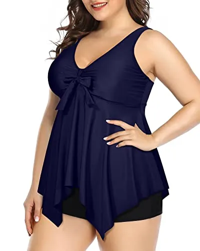 Ladies Plus Size Tankini With Tummy Control Swimwear-Navy Blue