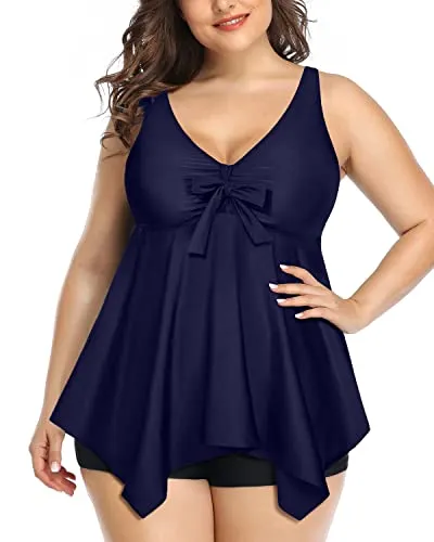 Ladies Plus Size Tankini With Tummy Control Swimwear-Navy Blue